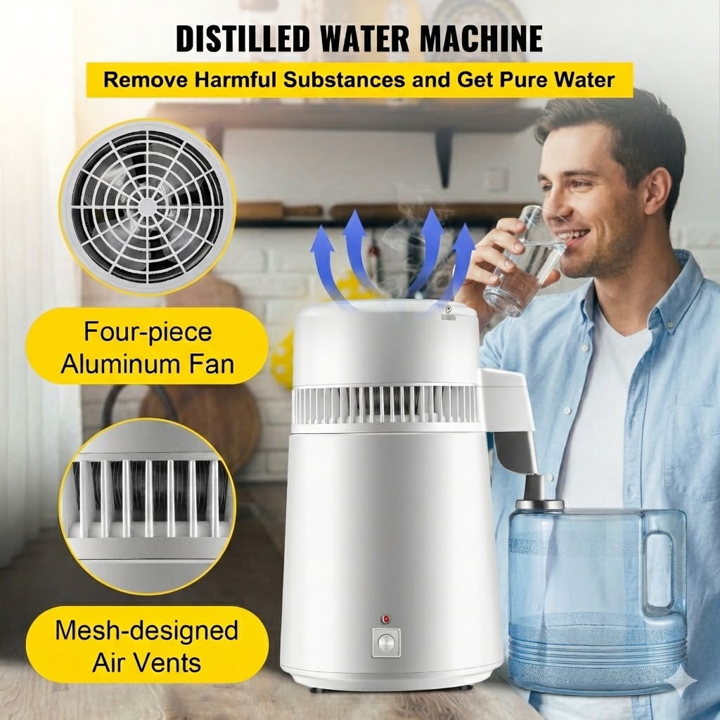 Pure Water Distiller 750W, Purifier Filter Fully Upgraded with Handle 1.1 Gal /4L, BPA Free Container, Perfect for Home Use, White