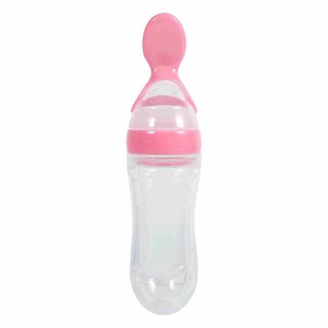 90ml Silicone Baby Bottle for Babies and Toddlers with Spoon, Contains Fresh Cereal (Pink)