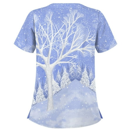 

Christmas Print Working Uniform Shirt Blouse Ladies Short Sleeve V-neck Tops Women Thanksgiving Tees Tunics Sky Blue Medium