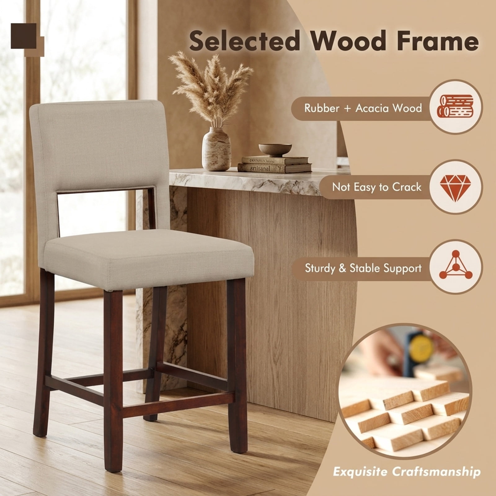 Furnibear Set of 2 Bar Chairs with Hollowed Back and Rubber Wood Legs in Beige