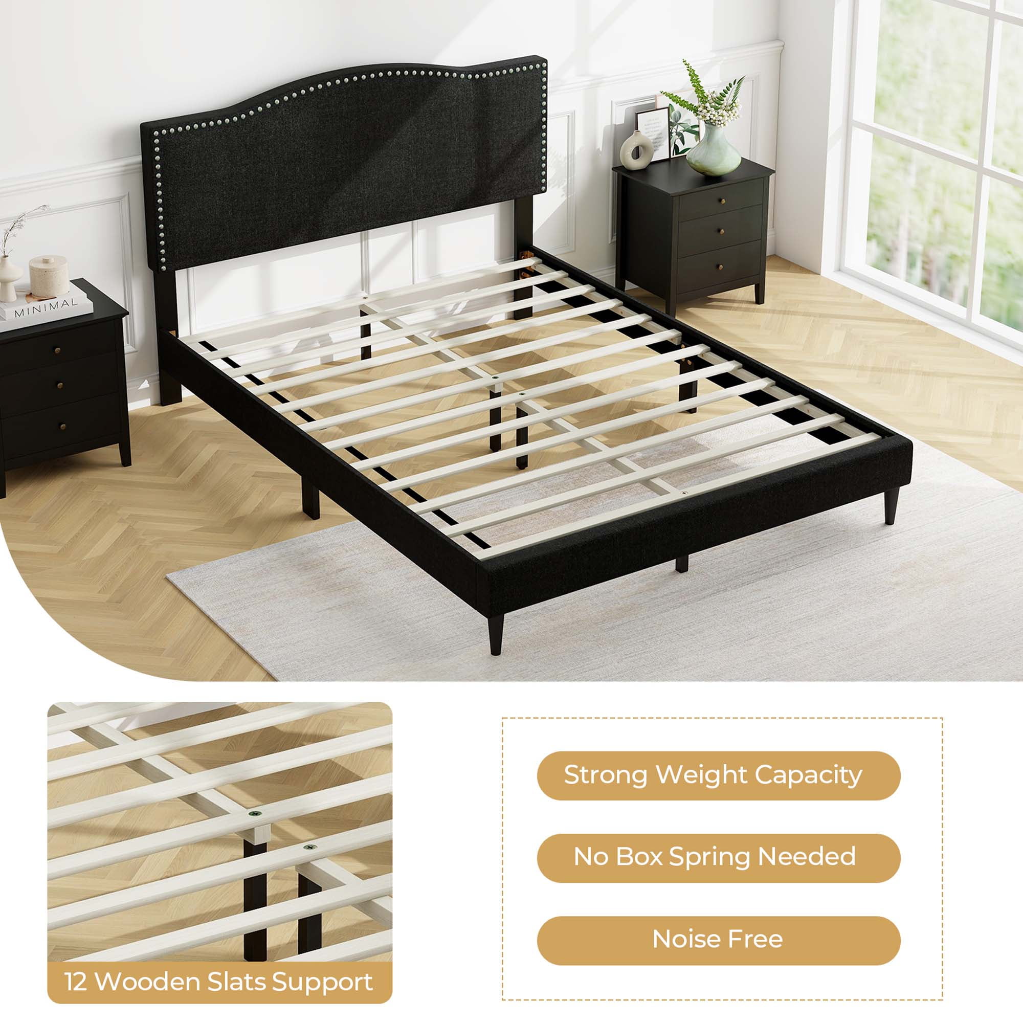 Costway Queen Size Upholstered Bed Frame with Nailhead Trim Headboard Wooden Slats Support