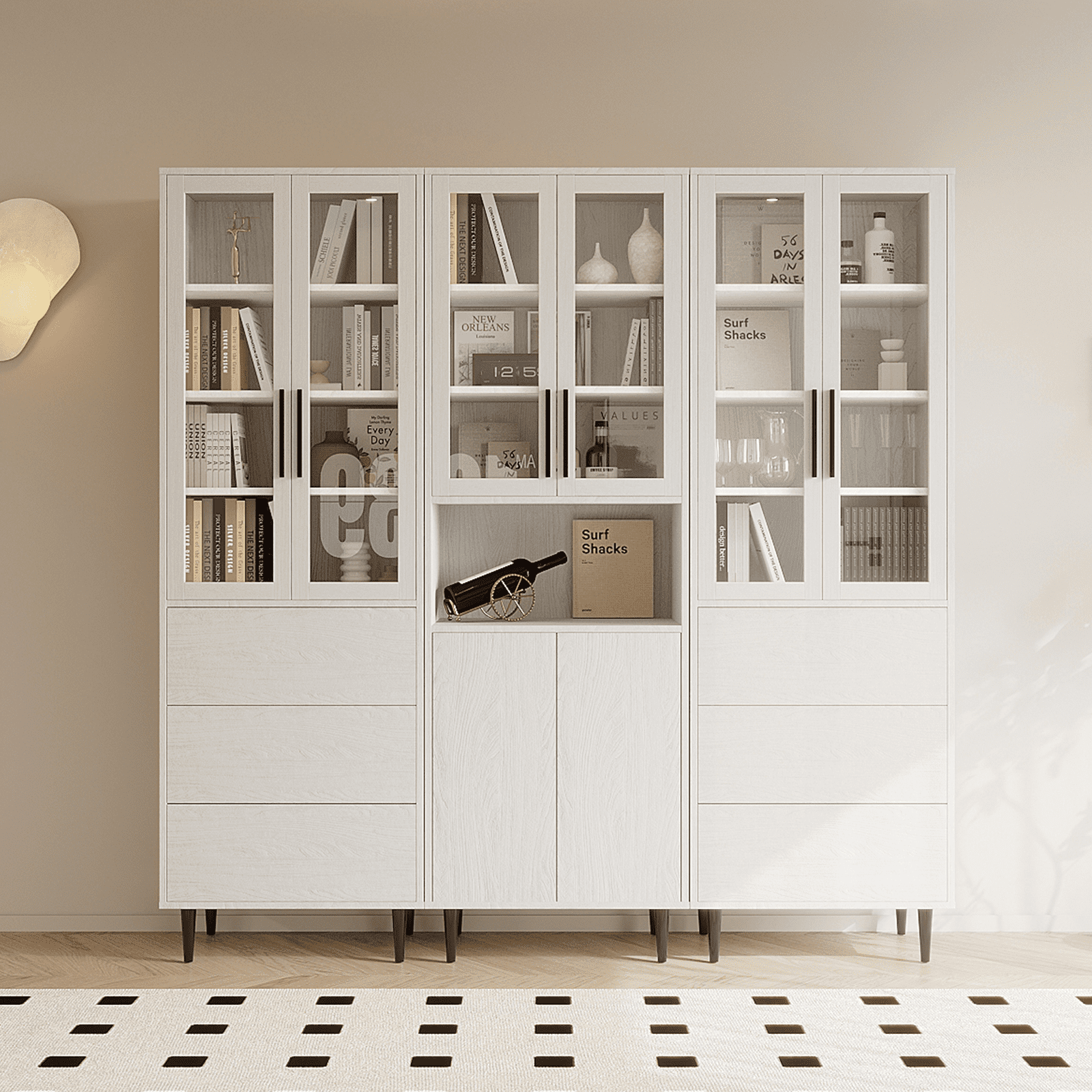 RichYa 71"H Tall Bookcase with Glass Door,4 Doors Display Bookshelf with Metal Legs,6 Tier Storage Cabinets for Living Room,Home Office,White