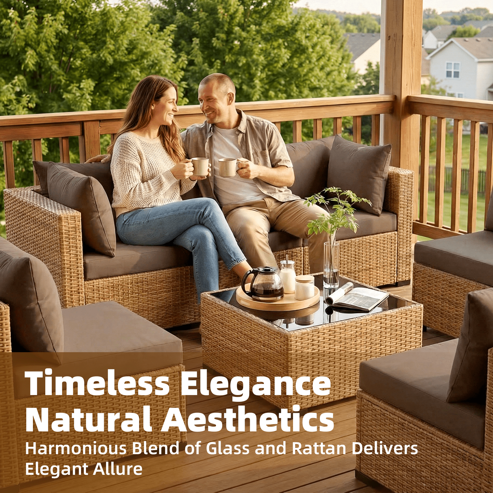 ELPOSUN 7-Piece Patio Furniture Set, Outdoor Conversation Set, All-Weather Wicker Outdoor Sectional Sofa Set with Table & Cushions, Brown