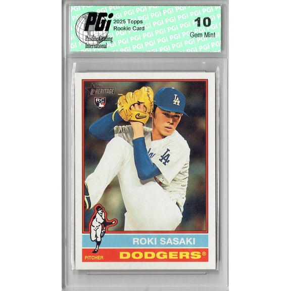 Collectible Roki Sasaki 2025 Topps Heritage #224 Throwback Dodgers Rookie Card PGI 10