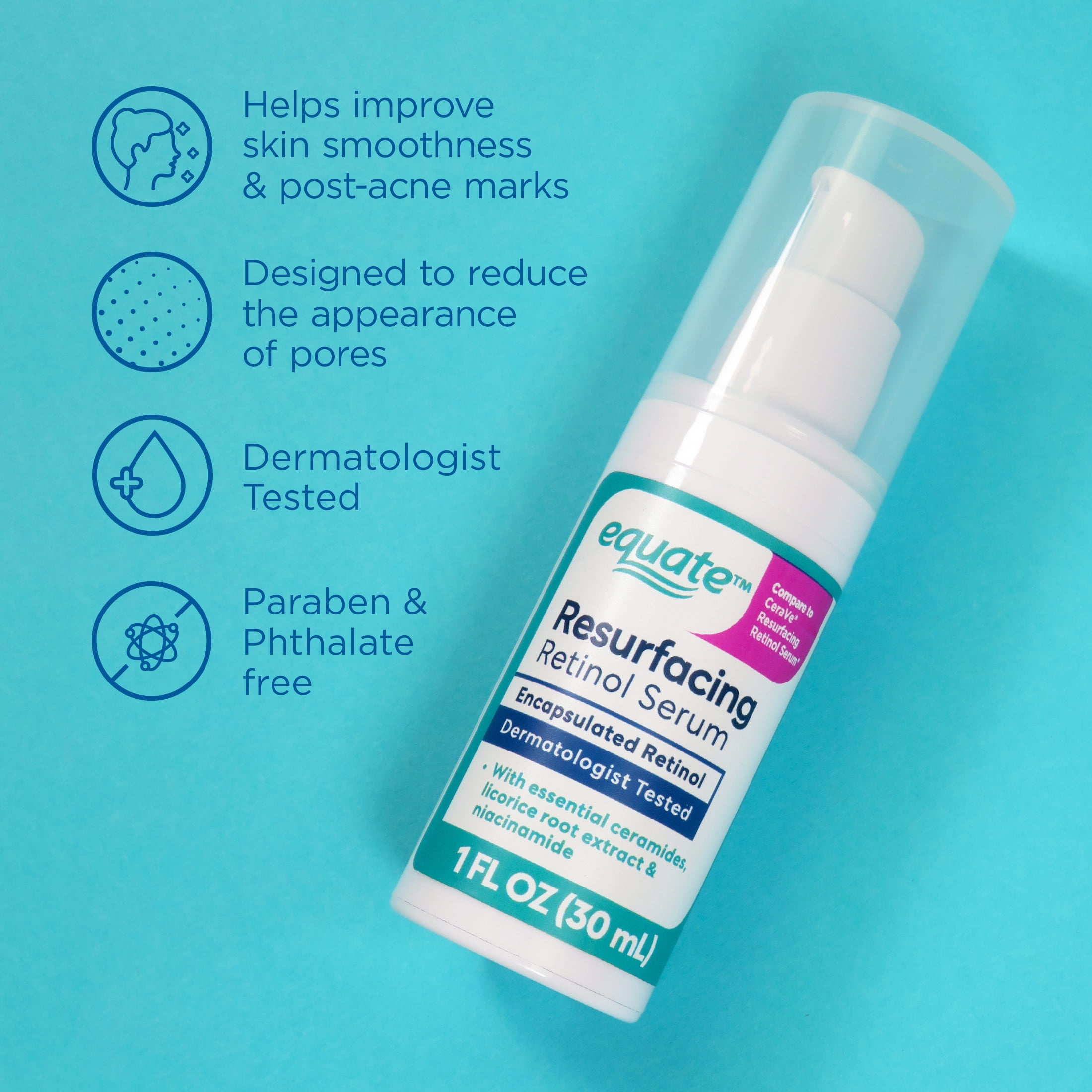 Equate Resurfacing Retinol Face Serum with Ceramides, 1 fl oz (30 mL)