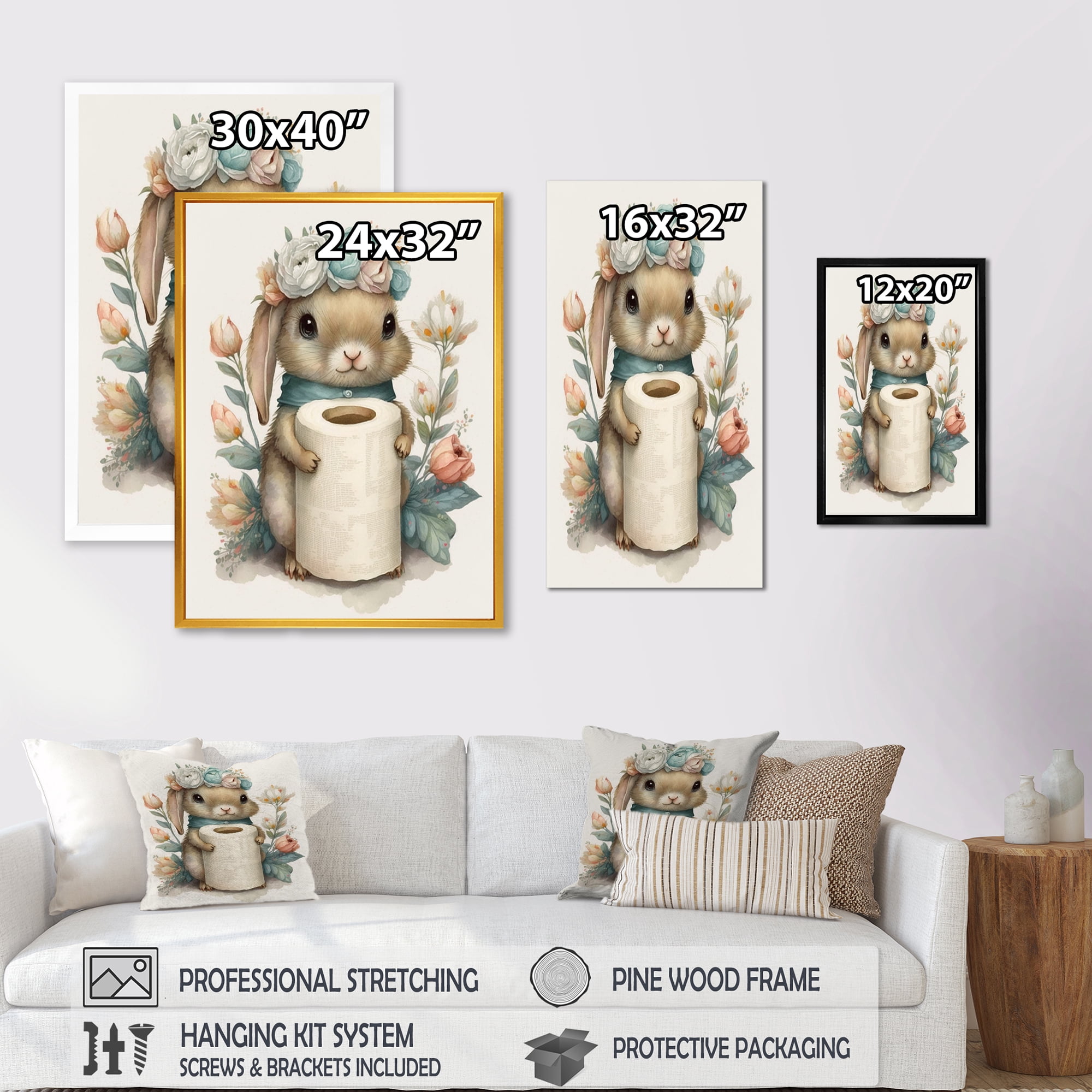 Designart Bunny With Roll Of Toilet Paper And Flowers II Canvas Wall Art