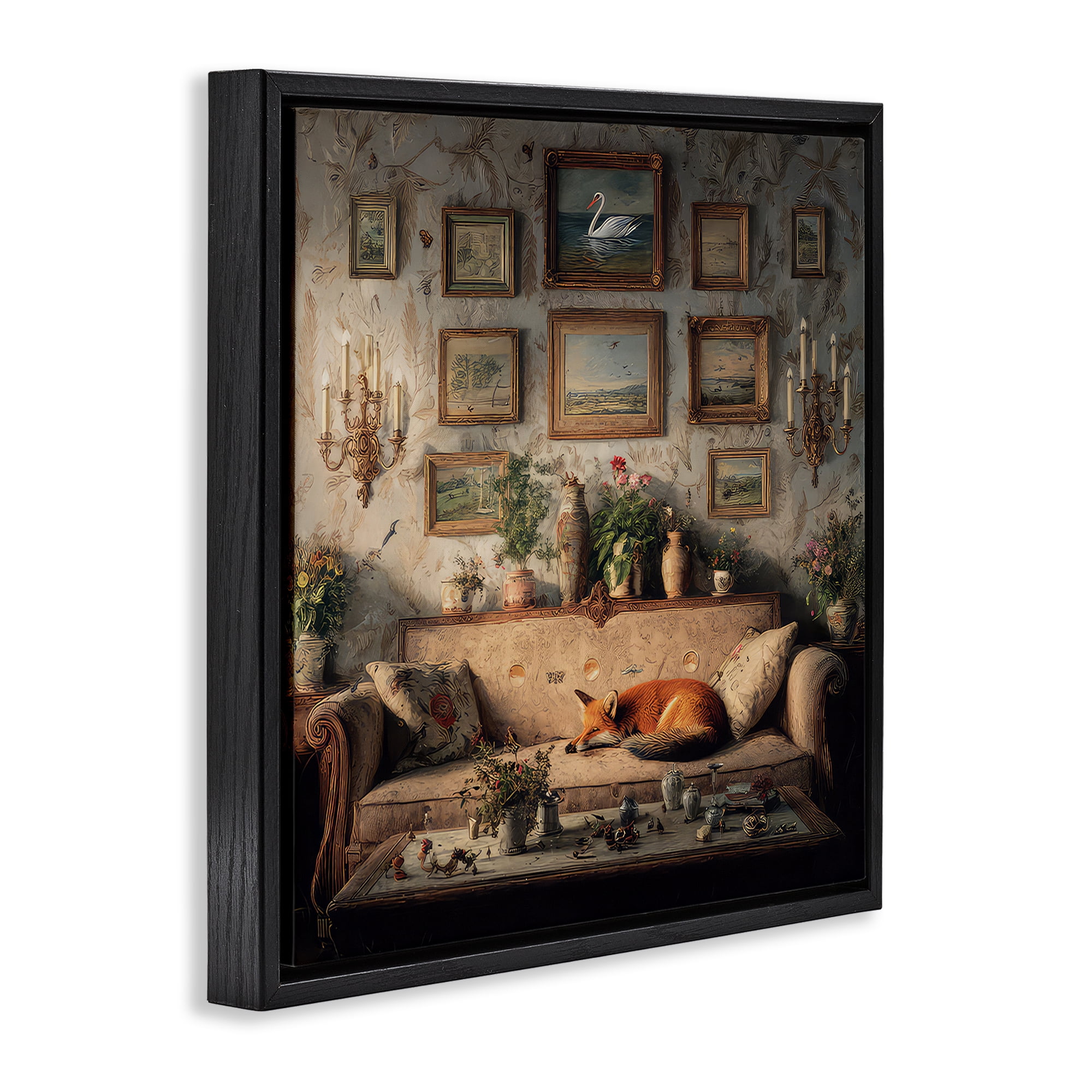 Stupell Industries Vintage Parlor with Fox Black Framed Floater Canvas Wall Art, design by The Wands Want