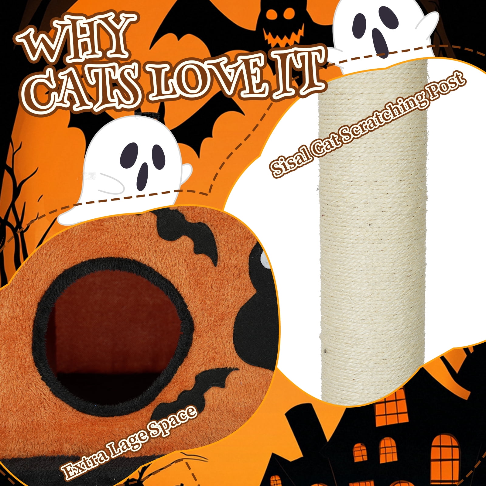 Zimtown Halloween Themed Cat Tree, Two-Level Scary Face Tower for Indoor Cats, Black & Orange
