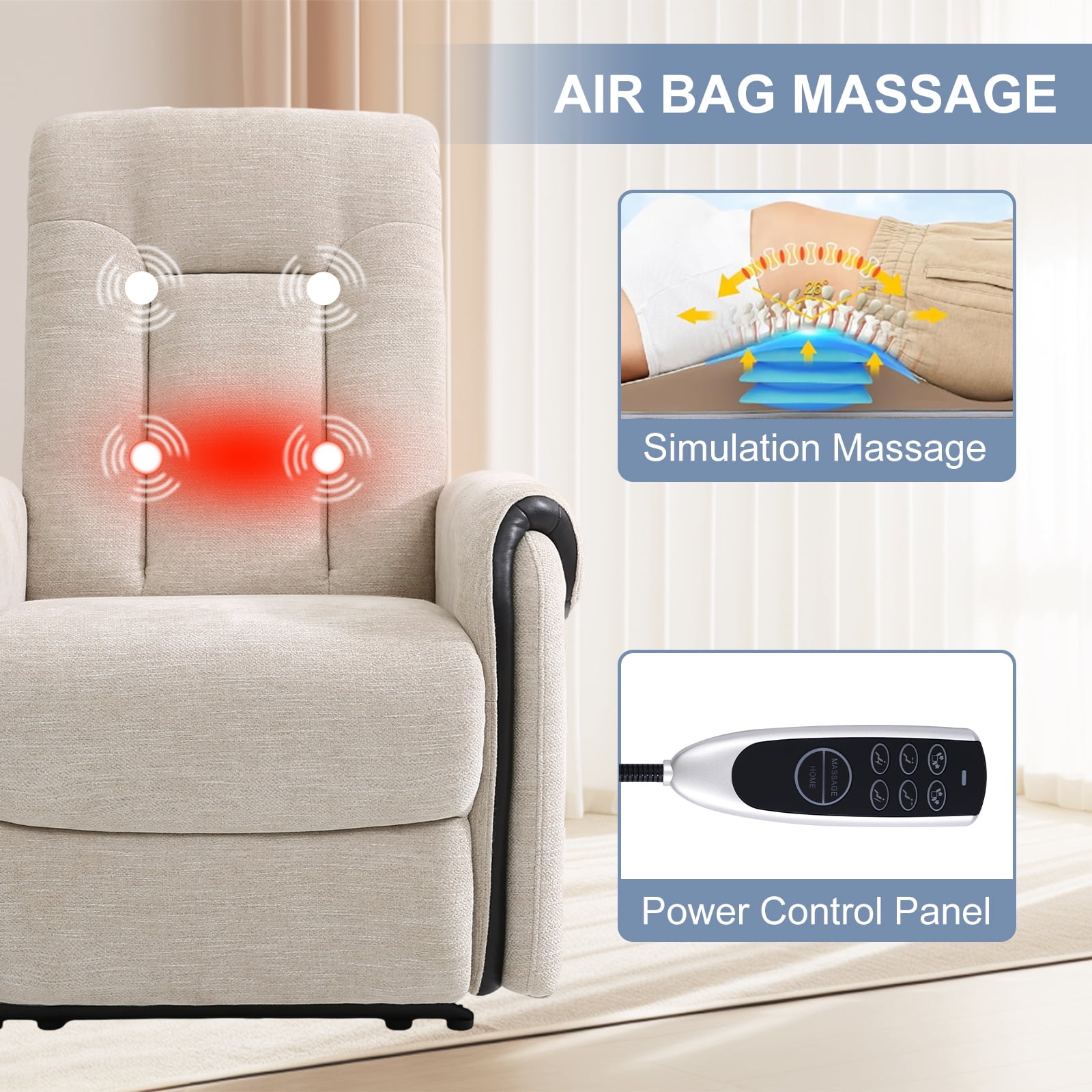 MERITLIFE Chenille Fabric Massage Recliner with Adjustable Headrest and Lumbar Support, Beige