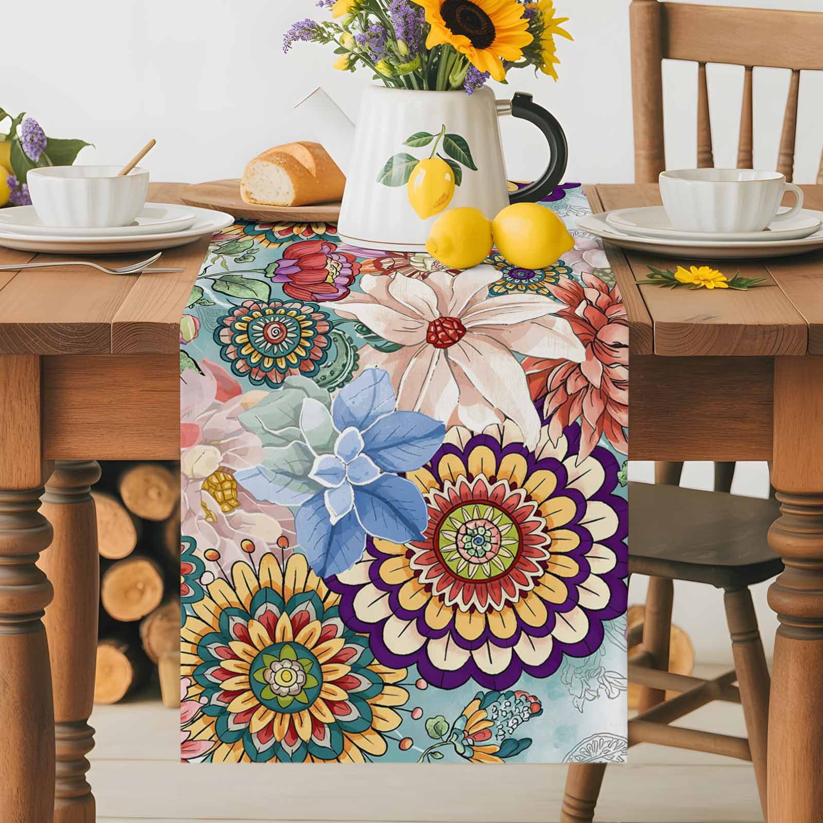 Vintage Bohemian Flowers Table Runner 90 Inches Long, Classic Farmhouse Floral Table Runners Tabletop Scarf Kitchen Dining Tables Decoration for Home Party Indoor Outdoor