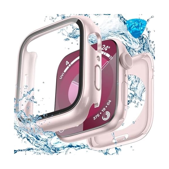 3 in 1 Waterproof Hard Case for Apple Watch Screen Protector 41mm, 360° Slim Full Protective Tempered Glass Face Cover   Back Hard PC Bumper for iWatch Series 9/8/7, 41mm Pink