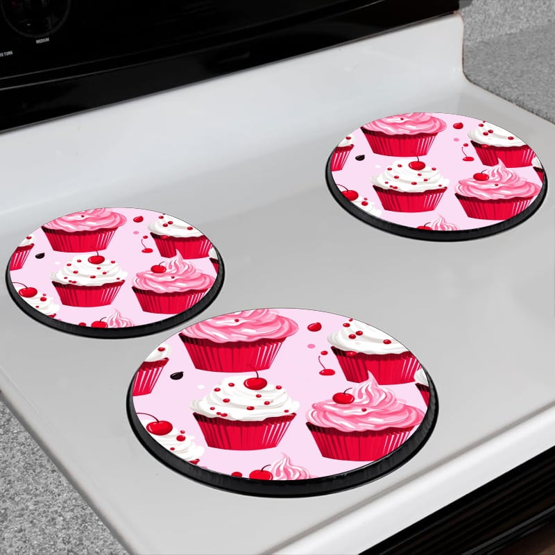 Bahomeck Electric Stove Burner Covers Set Of 4,Cupcakes WithCherry On Top In Pink Metal Gas Stove Burner Covers,Protecting Gas Stoves,8 Inch And 10 Inch