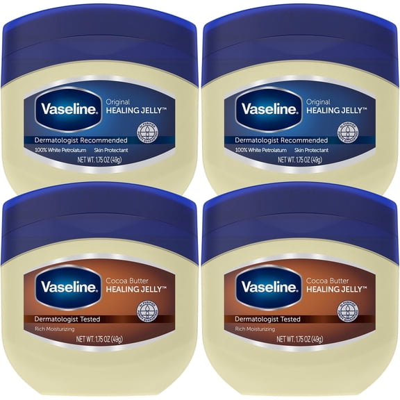 Vaseline Original & Cocoa AKF18 Butter Healing Jelly Travel-Size Variety 4-Pack - Rich Moisturizing Ointment, Skin Protectant for Soothing Cracked, Dry Skin, 1.75 Oz Ea