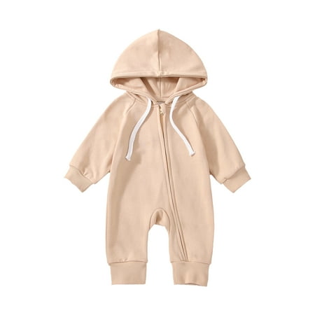

Inevnen Baby Boys Girls Hooded Jumpsuits Striped/ Solid Color Long Sleeve Zipper Rompers