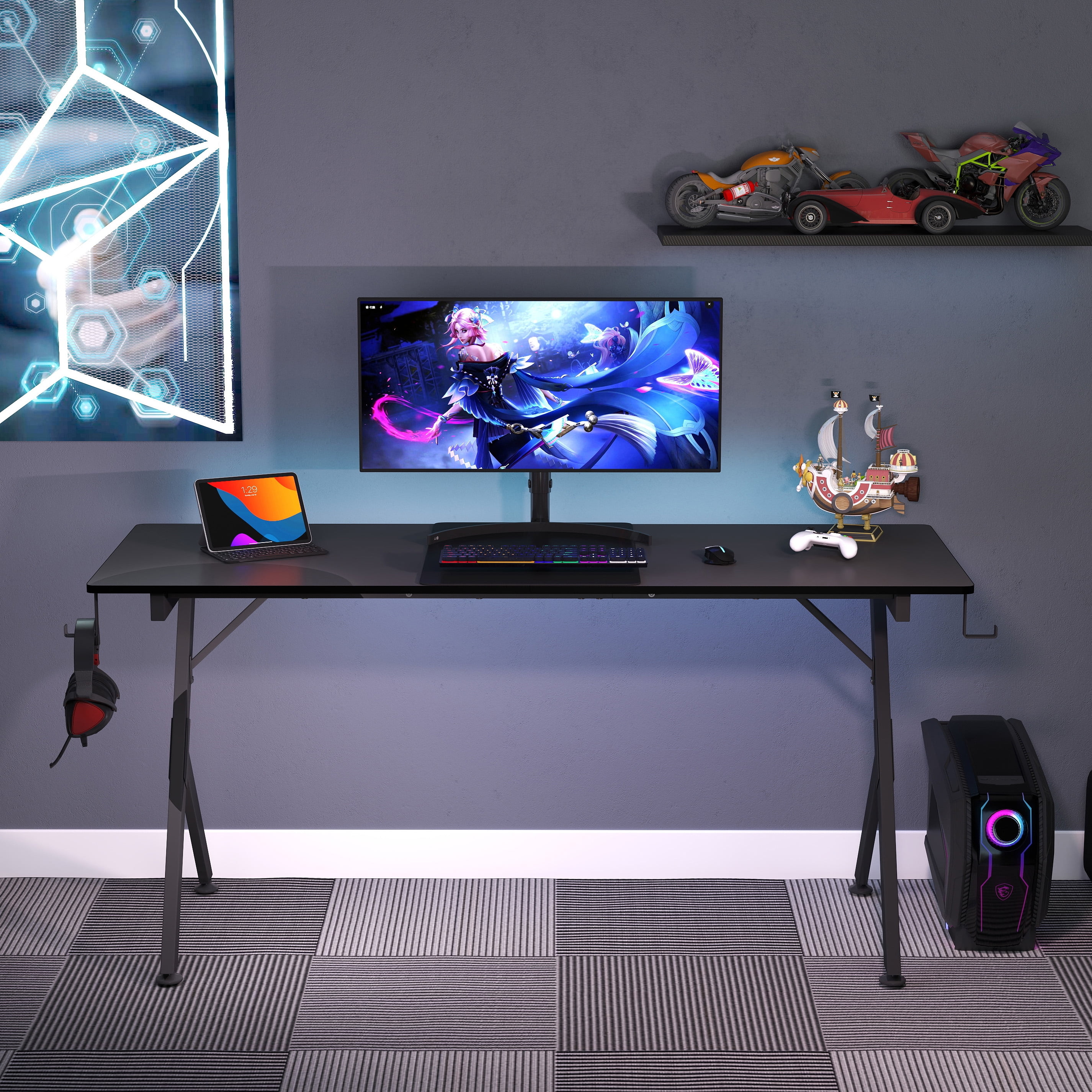 JJS Game Table 63 ", carbon fiber surface computer table, mouse pad, ergonomic e-sports style game table, dual headphone hooks, Black