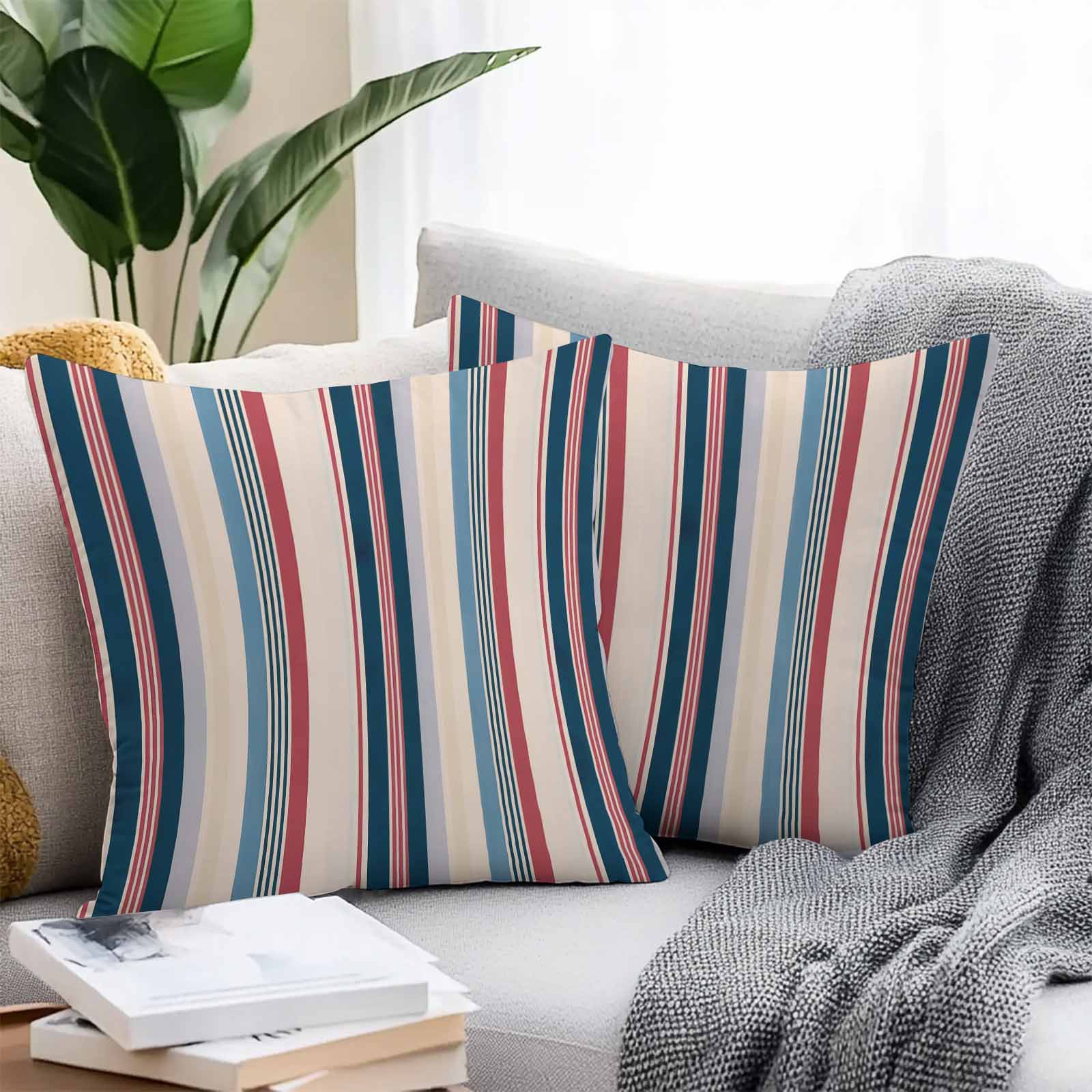 Vintage Stripes Outdoor Pillow Covers Set of 2 Navy Red Blue Striped Retro Lines Waterproof Throw Pillow Case Decorative Square Cushion Cover for Patio Couch Garden Balcony, 26"x26"