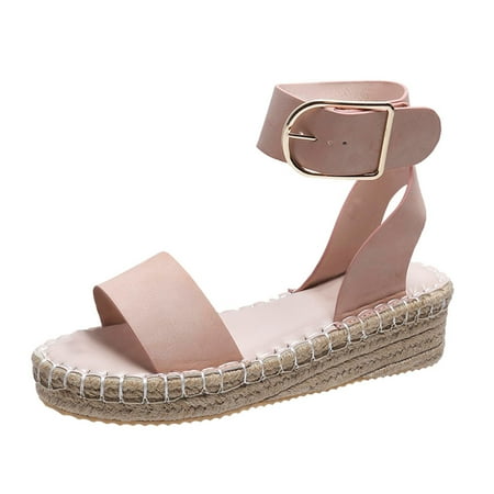 

Rdeuod Woman S Shoes Summer Ladies Slope Heel Thick Soled Straw Woven Metal Buckle Women S Womens