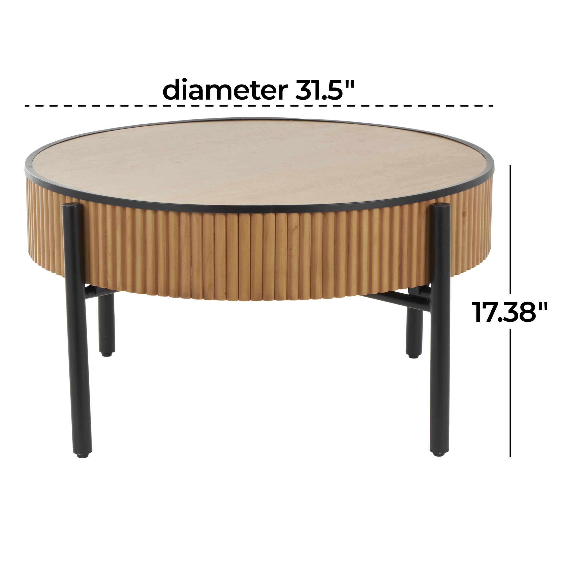 DecMode 32" x 17" Brown Wooden Handmade Slatted Coffee Table with Black Metal Legs, 1-Piece