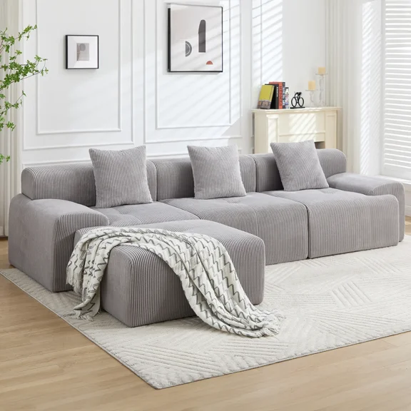 118" Boneless Couches for Living Room, Modular Cloud Sectional Couch with L-Shape Chaise, Modern Upholstered Sofa with Deep Seat, No Assembly Required, Plush Corduroy, Gray