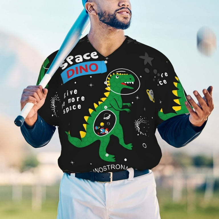 Daiia Space Dino Cartoon Black Mens Baseball Jersey Button Down