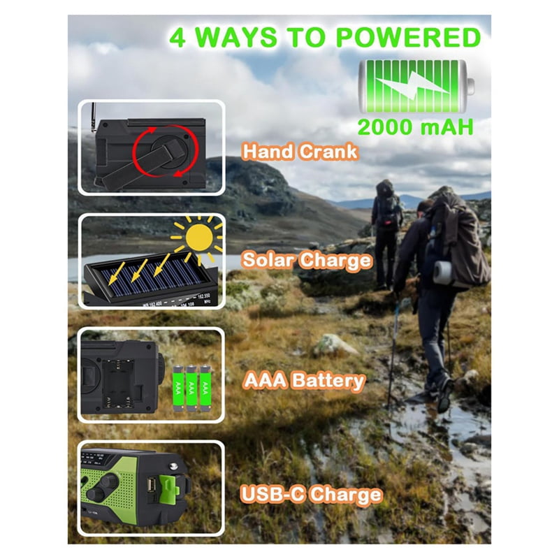 2X Emergency Weather Radio Hand Crank Portable Solar Charging with AM/FM/NOAA LED Flashlight SOS Alert 2000mah