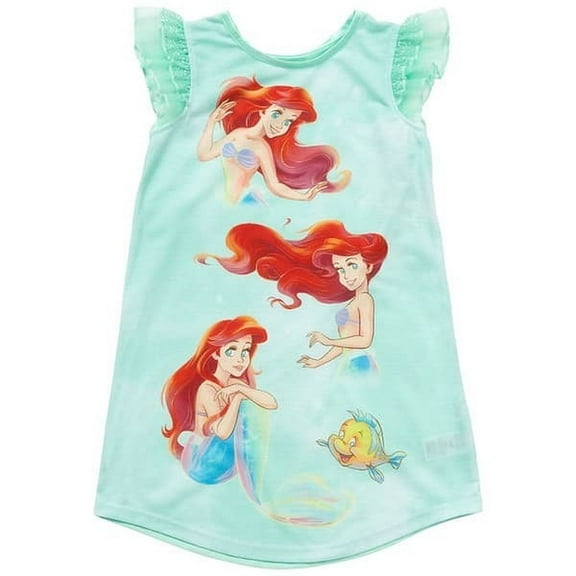 Little Mermaid Ariel and Flounder Girl's Mint Green Flutter Sleeved Nightgown, Size 6