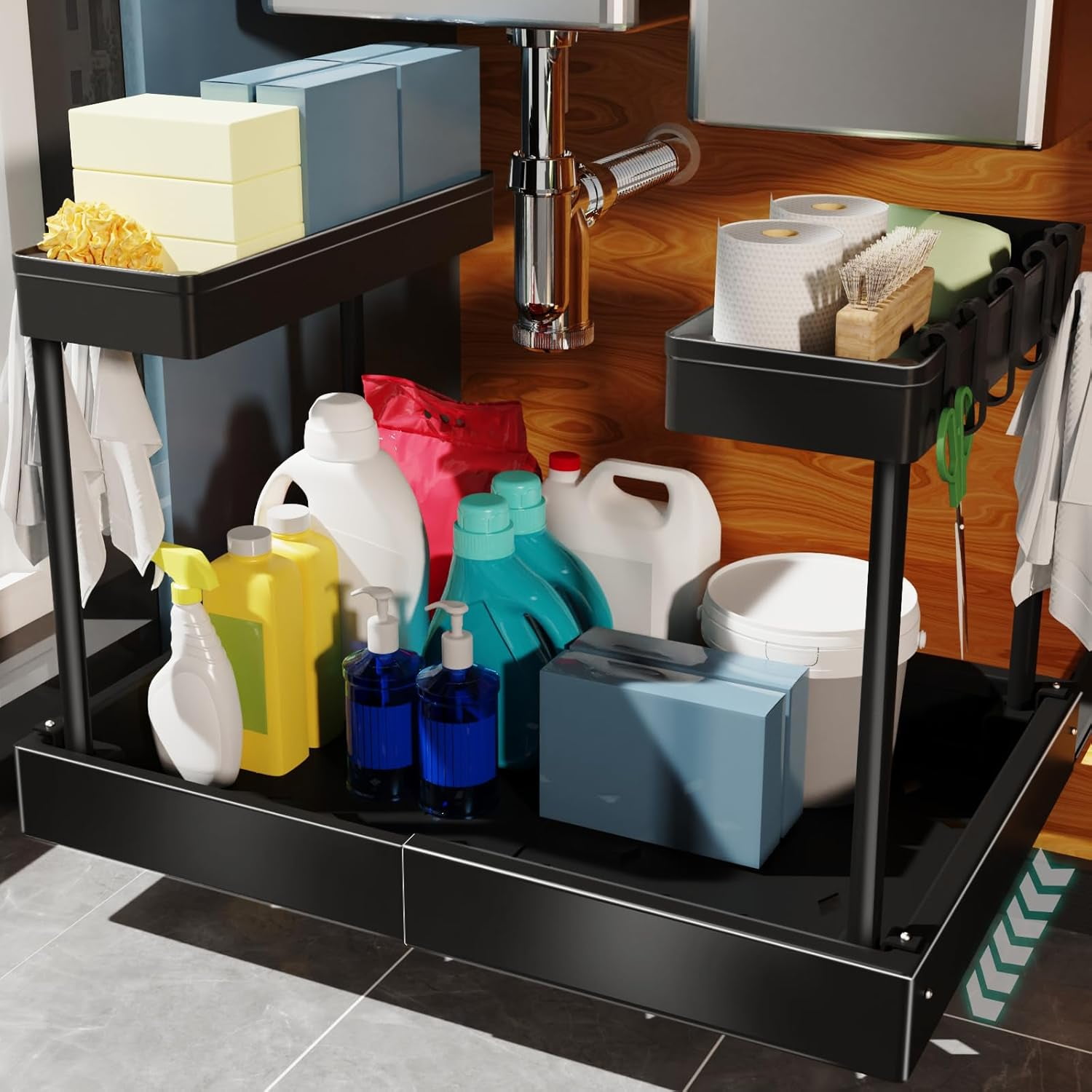 Expandable Under Sink Organizers and Storage, 2 Tier Pull Out Cabinet Organizer with 3 Ball-Bearing Slides, Metal Slide Out Drawers for Kitchen Bathroom, White