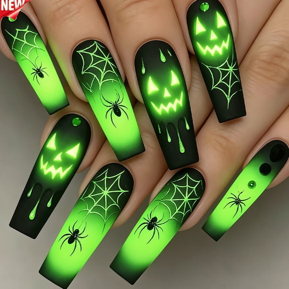 Halloween Coffin Resin Press On Nails Full Cover Fake False Stick On Nails, Reusable Artificial Nail Tips Luminous Pumpkin Spider Web Gradient Spooky Design for Halloween Party DIY Manicure 24 Pcs