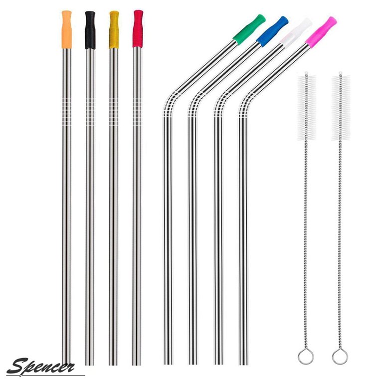 Spencer Set of 8 Stainless Steel Straws, 10.5in Strong Reusable Drinking Metal Straws - Fits 30oz Yeti Tumbler,Coffee Juice (4 Straight & 4 Bent & 2