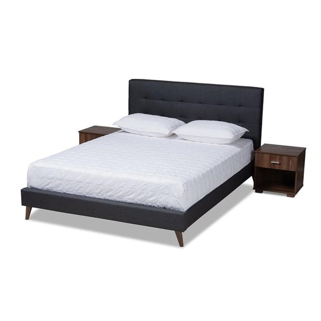 Baxton Studio Maren Queen Dark Grey Platform Bed with Two Nightstands
