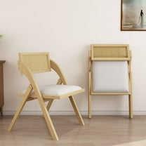 Folding Dining Chairs Set of 2, Foldable Wood Kitchen Chairs with Padded Cushion, Modern Mid Century Rattan Dining Room Chairs, Foldable Dining Chairs for Small Space, No Assembly, Beige
