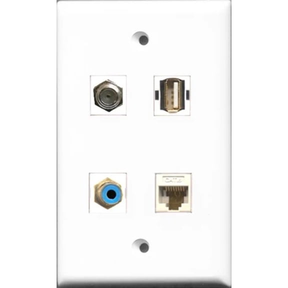 RiteAV 1 Port RCA Blue and 1 Port Coax Cable TV- F-Type and 1 Port USB A-A and 1 Port Cat6 Ethernet White Wall Plate