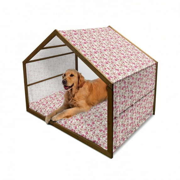 Flower Pet House, Romantic Spring Branches Bursting into Flowers Pink Magnolia Garden Botany, Outdoor & Indoor Portable Dog Kennel with Pillow and Cover, 5 Sizes, Pink White Green, by Ambesonne