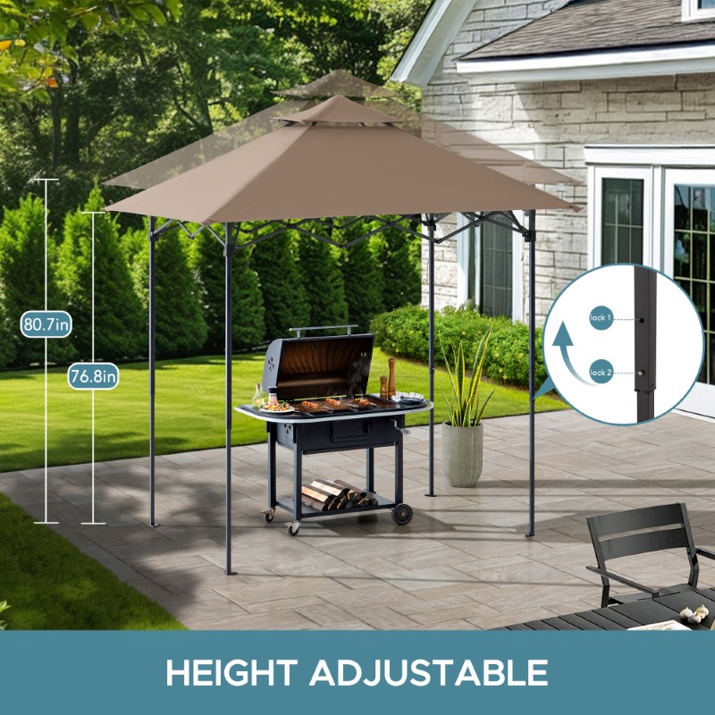 SUNJOY 8' x 5' Grill Gazebo Double Tiered Outdoor Gazebo Standing-Height Canopy with Magnetic LED Light, Adjustable Ceiling Height, for BBQ,Picnics, Outdoor Events, Brown