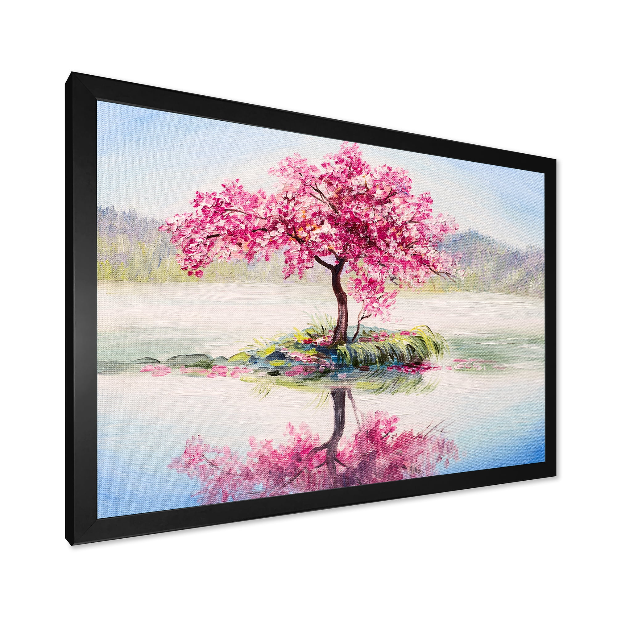 Designart 'Oriental Cherry Pink Tree Sakura On The Lake' Lake House Framed Art Print