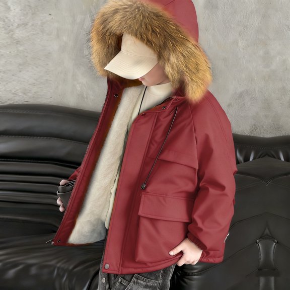 XIMIN Boys' Warm Winter Coat Waterproof Hooded Thicken Jacket with Faux Fur Hood Puffer Jacket Fleece Lined Fur Collar Outerwear Teenager Thicked Parka