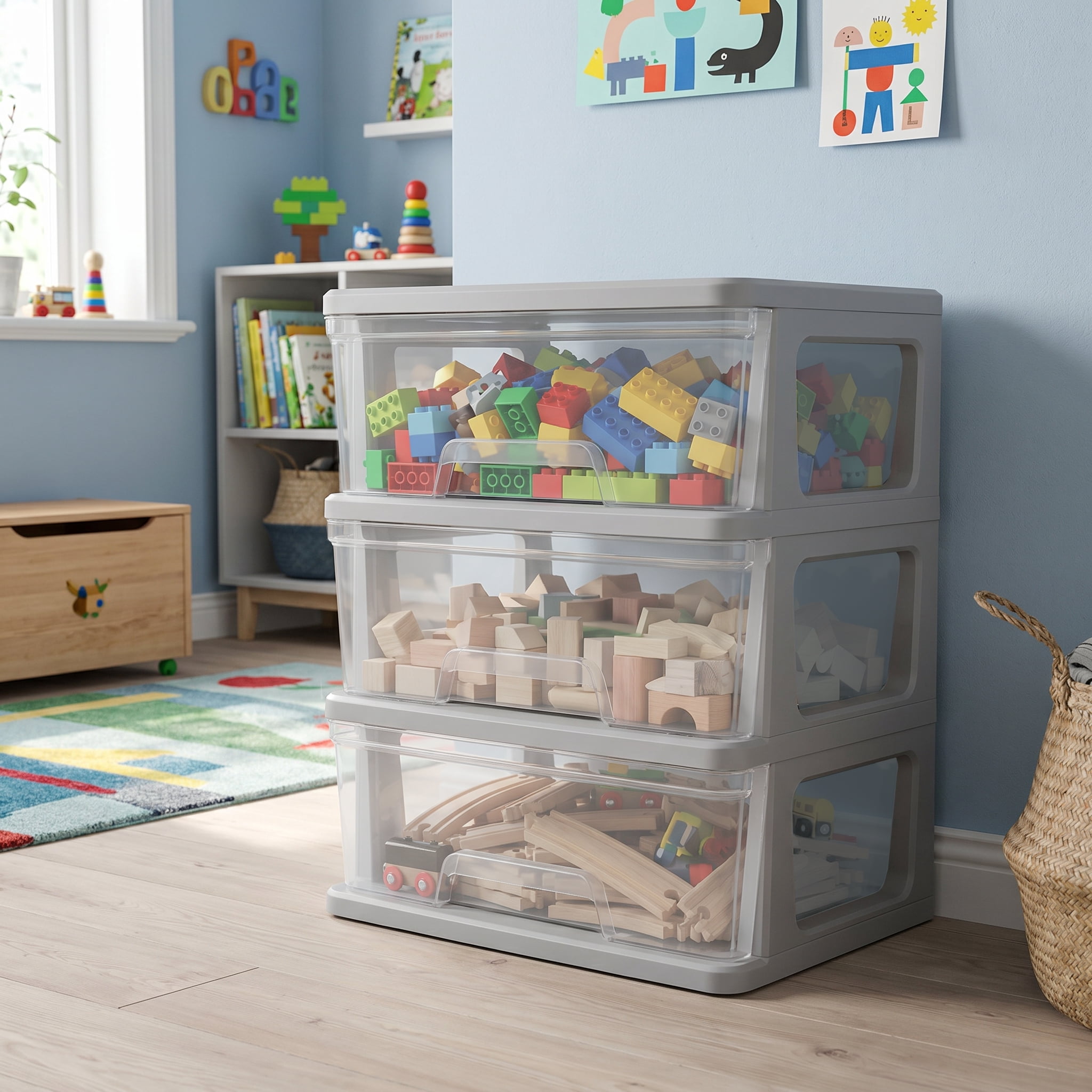 Starplast 3-Drawer Organization Tower Wide Storage Cart, Silver Plastic