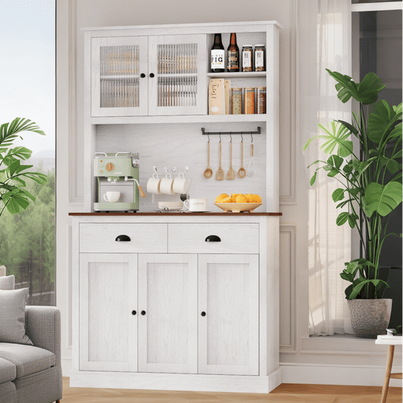 Luku Pantry with Drawers and Adjustable Shelves, 71”Tall Freestanding Kitchen Pantry Cabinet with Microwave Stand, Hutch Cabinet for Kitchen, Dining Room, White