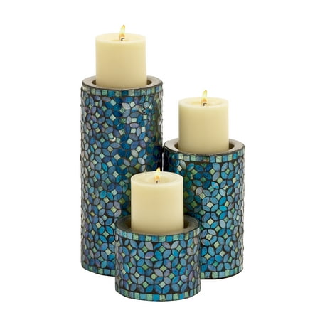 Flat Havdalah Candle - Decmode Modern 10, 7, and 4 Inch Blue Mosaic Candle Holders - Set of 3