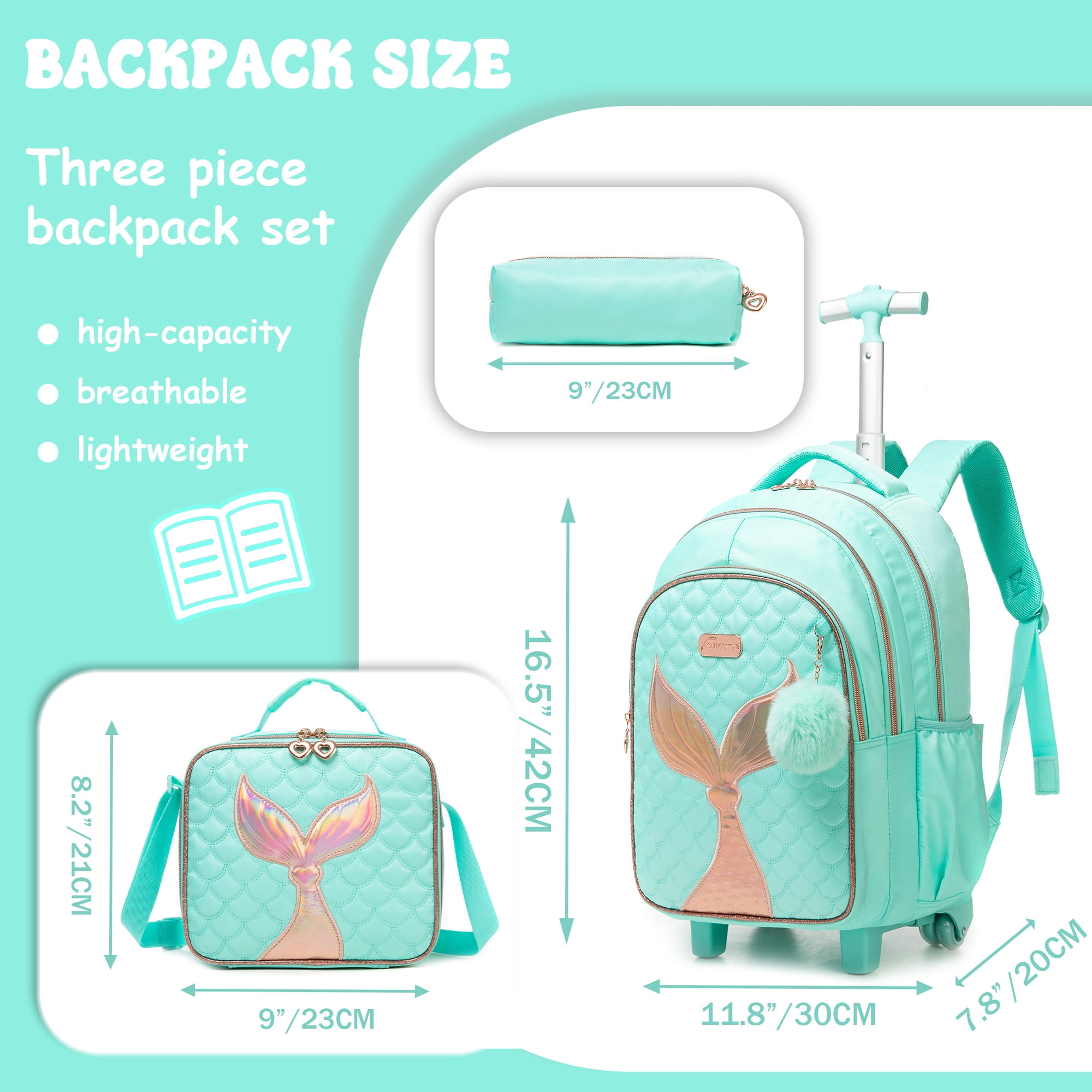 Mermaid Kids Rolling Backpack with Wheels for School Girls Bookbag with Lunch Box Pencil Case Luggage Ages 6-8 Green