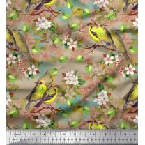 Soimoi Brown Georgette Viscose Fabric Leaves,Peach Floral & American Robin Bird Print Fabric by The Yard 42 Inch Wide