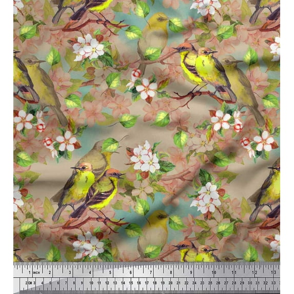 Soimoi Brown Georgette Viscose Fabric Leaves,Peach Floral & American Robin Bird Print Fabric by The Yard 42 Inch Wide