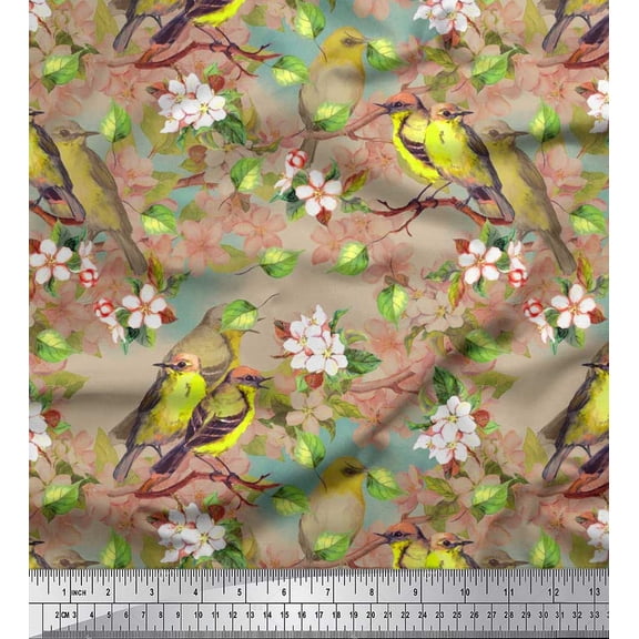 Soimoi Brown Cotton Duck Fabric Leaves,Peach Floral & American Robin Bird Print Fabric by The Yard 42 Inch Wide