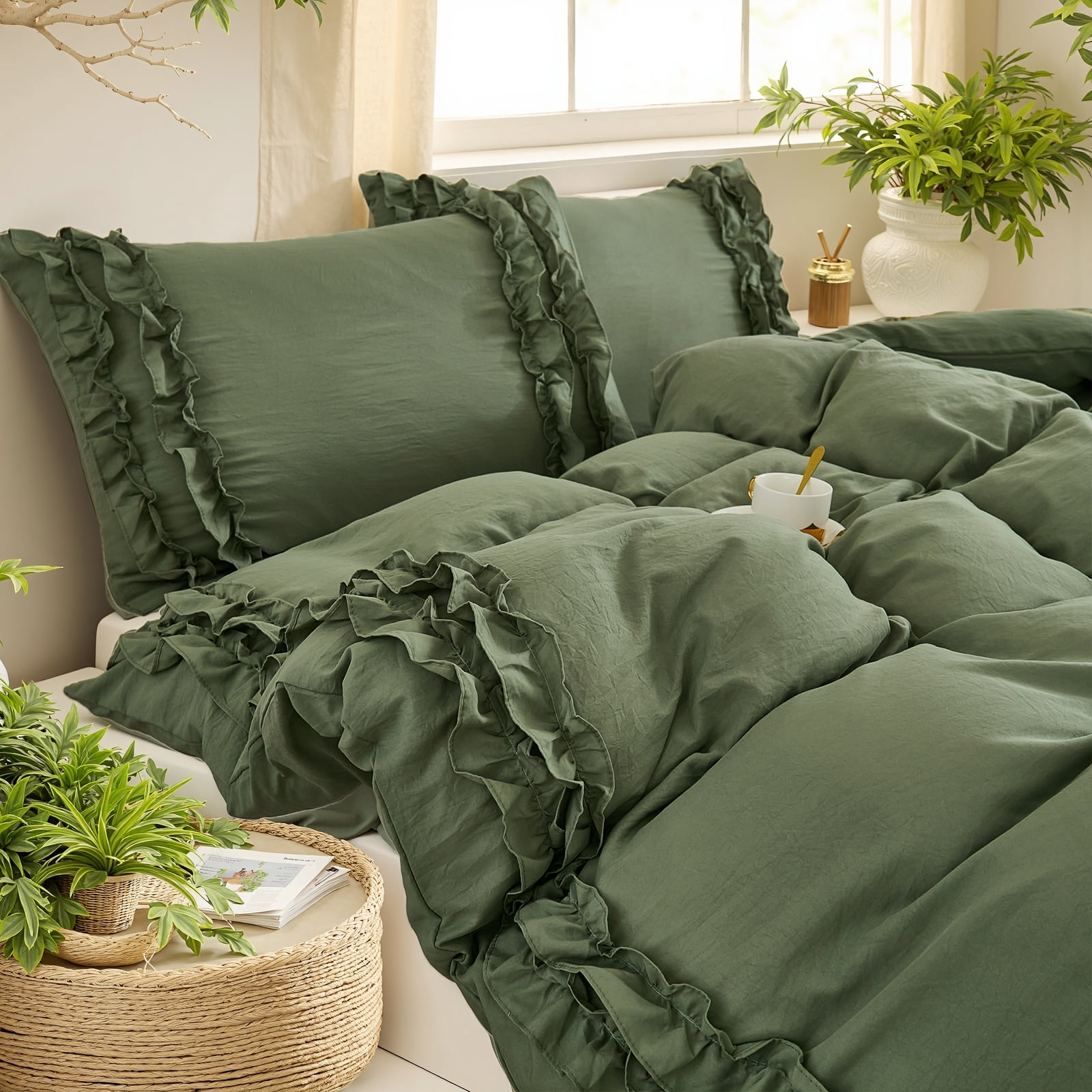 Avocado Green Ruffle Duvet Cover Set Queen Size Shabby Chic Bedding Set Ruffled Farmhouse Avocado Green Comforter Cover Boho Duvet Cover Set