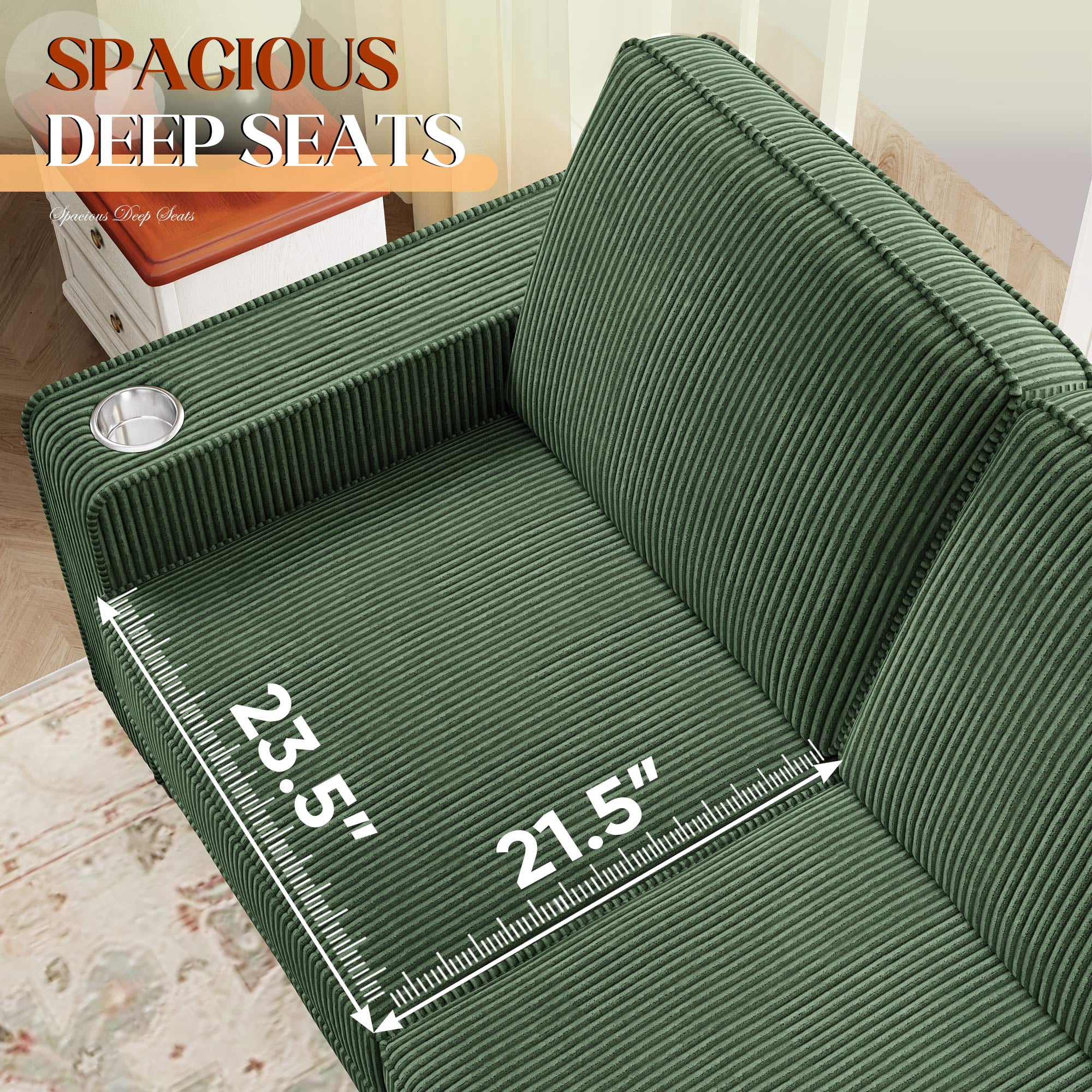 Muumblus 83.5" Living Room Sofa with Cup Holders, Cozy Plush Upholstered Couch, Corduroy Sofa 3-Seater, Green