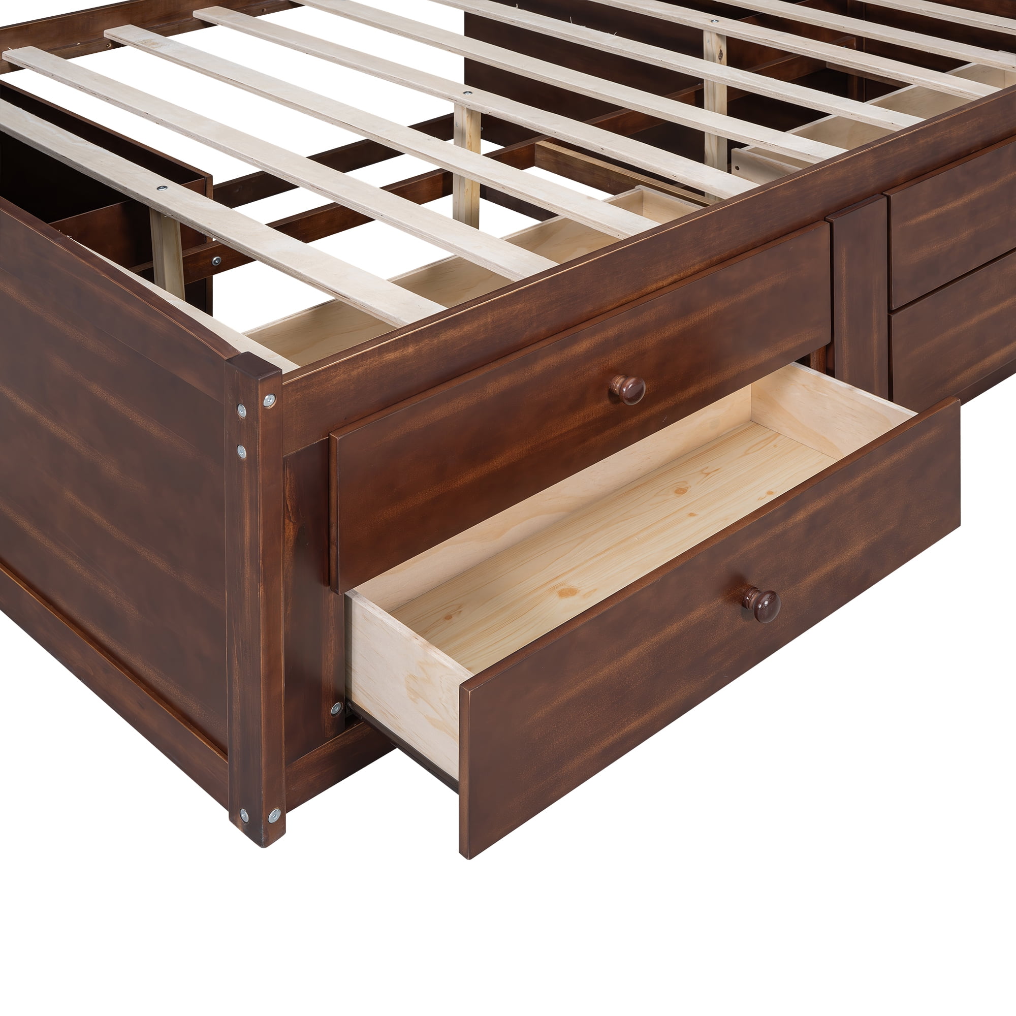 MAYEERTY Full Size Wooden Captain Bed with Built-in Storage Shelves, 4 Drawers and 2 Cabinets, Antique Brown