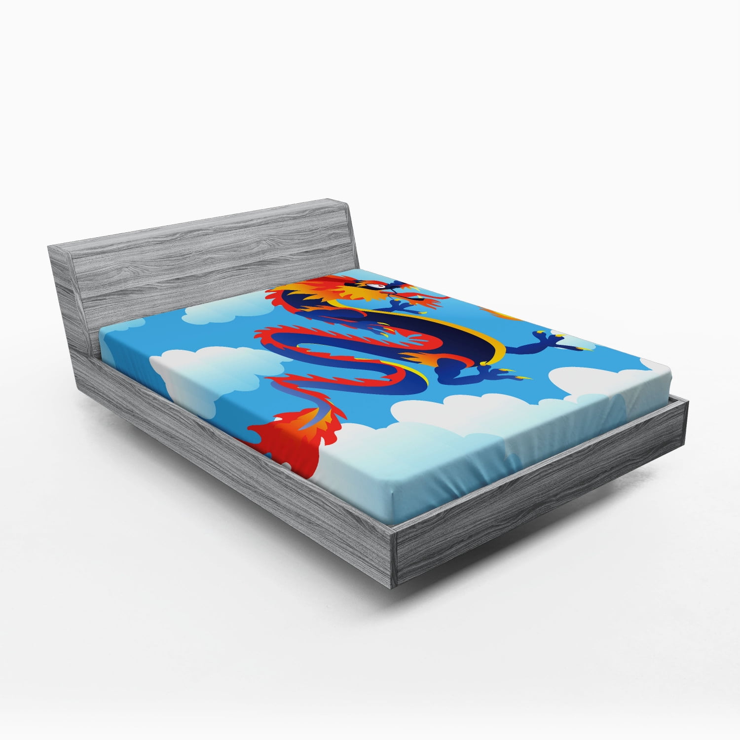 Dragon Fitted Sheet, Surreal Folk Tale Creature Spitting Fire on Clouds