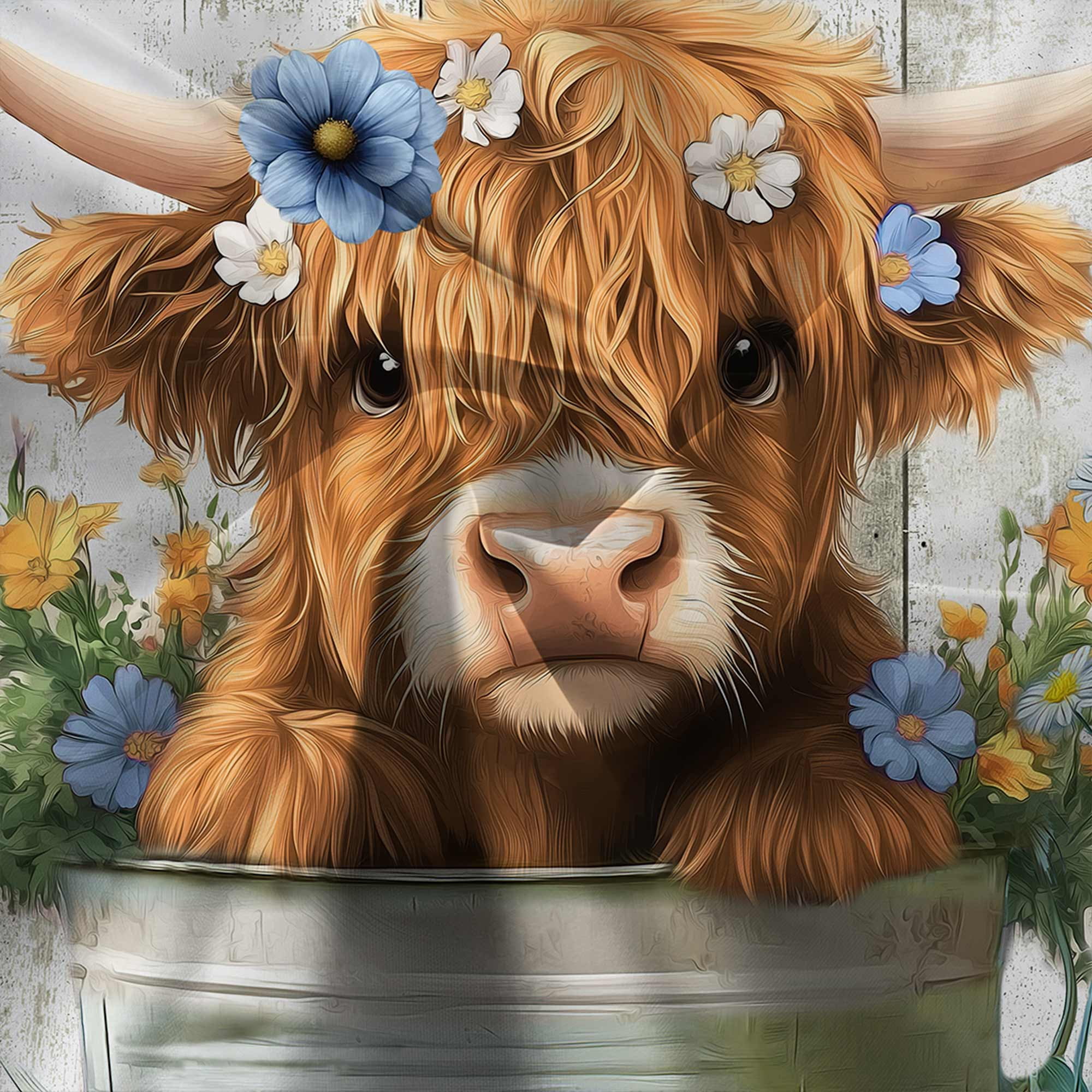 Funny Highland Cow Shower Curtain, Cute Farmhouse Blue Floral Western Wood Animal Shower Curtain Set, Country Rustic Turquoise Bathroom Accessories Set Decor with Hooks, 47X64in