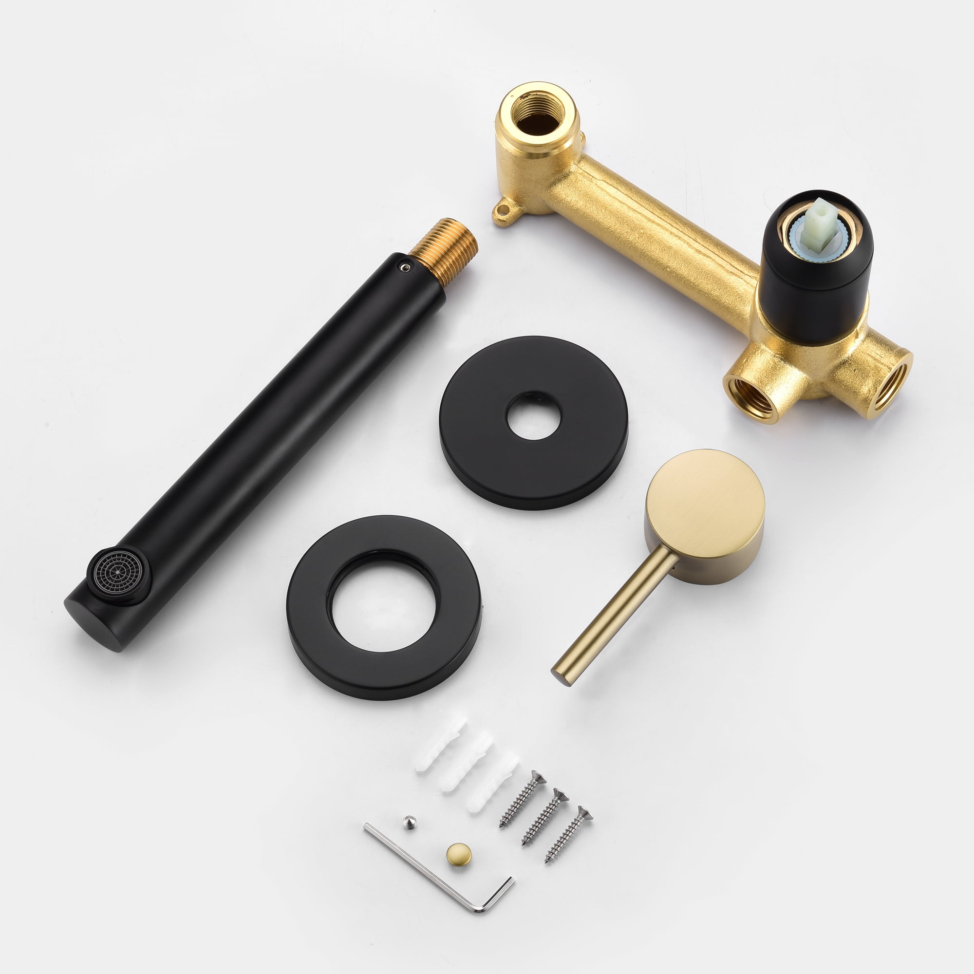 SUMERAIN Wall Mounted Bathroom Sink Faucet Black and Gold Finish, Lavatory Faucet with Single Handle and Rough in Valve