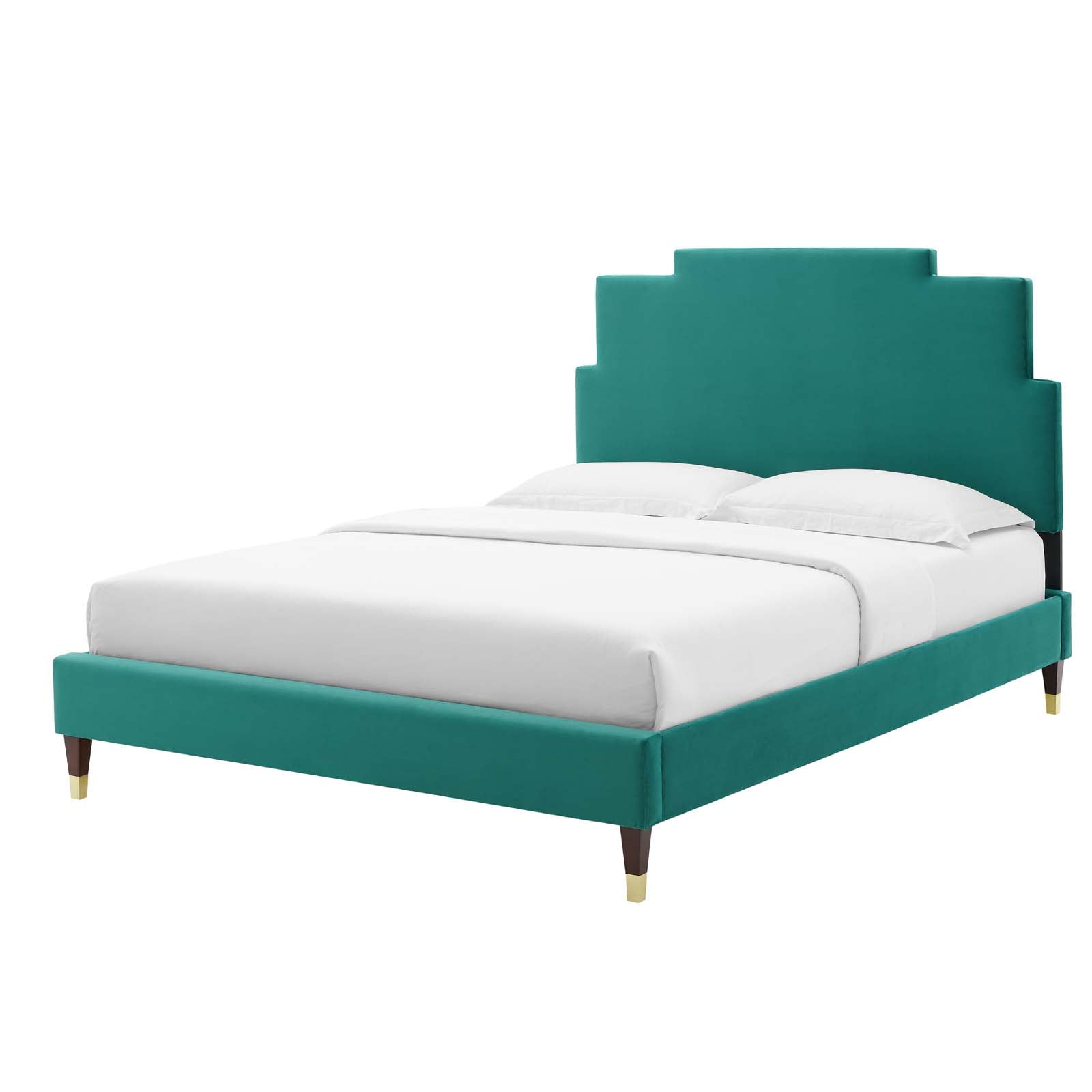 Platform Bed Frame, King Size, Velvet, Teal Blue, Modern Contemporary